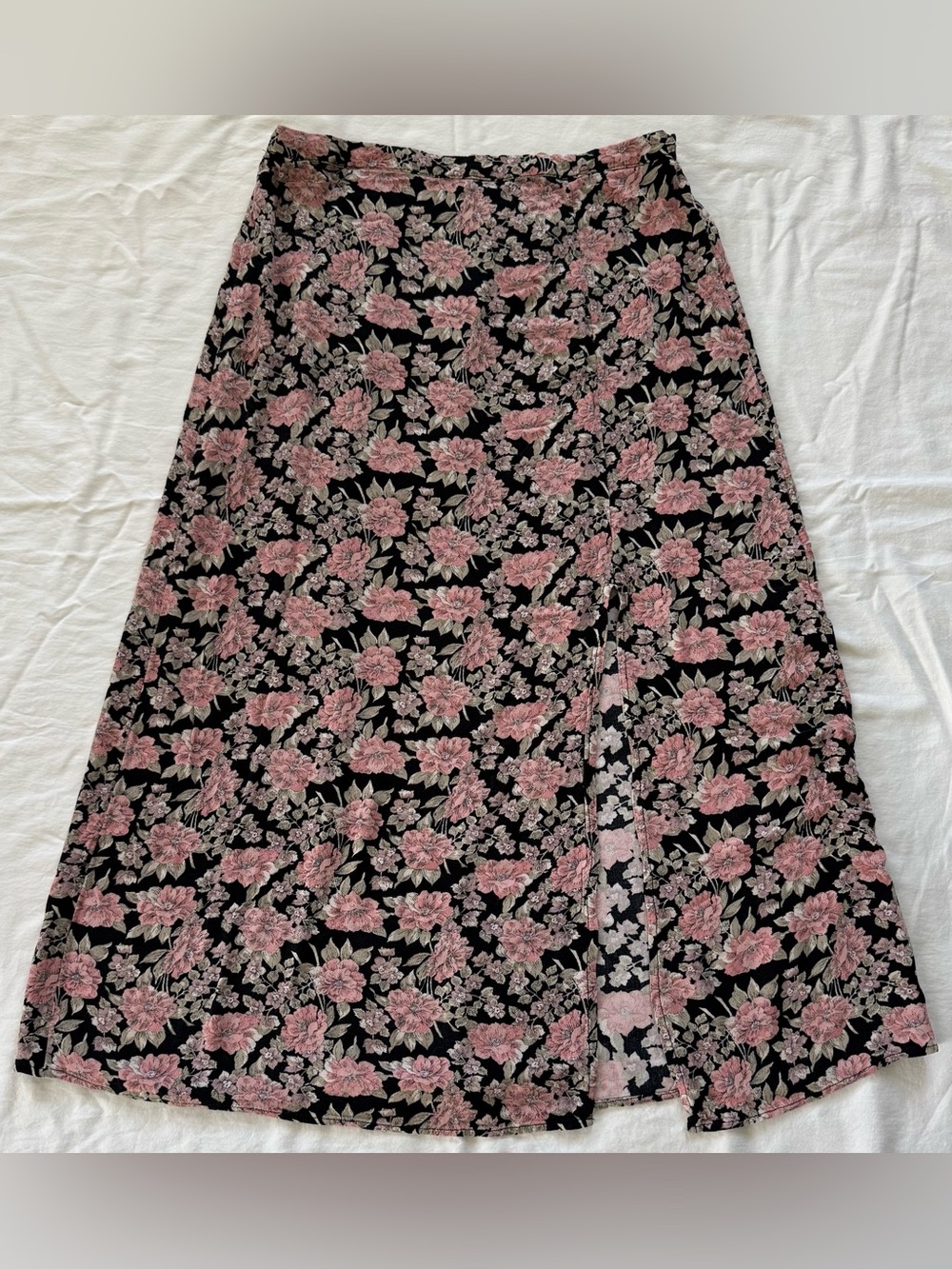 American Eagle Floral Wrap Midi Skirt Black Pink Boho Viscose A-Line Size Large